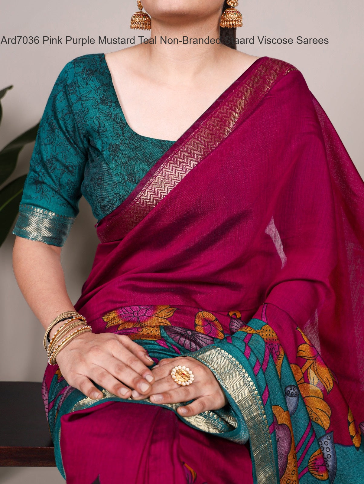 Ard7036 Pink Purple Mustard Teal Non-Branded Staard Viscose Sarees