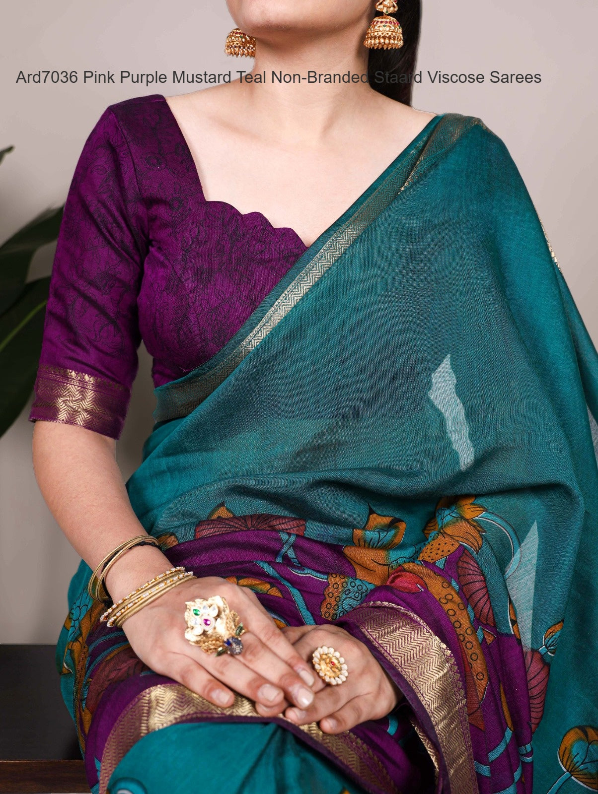 Ard7036 Pink Purple Mustard Teal Non-Branded Staard Viscose Sarees