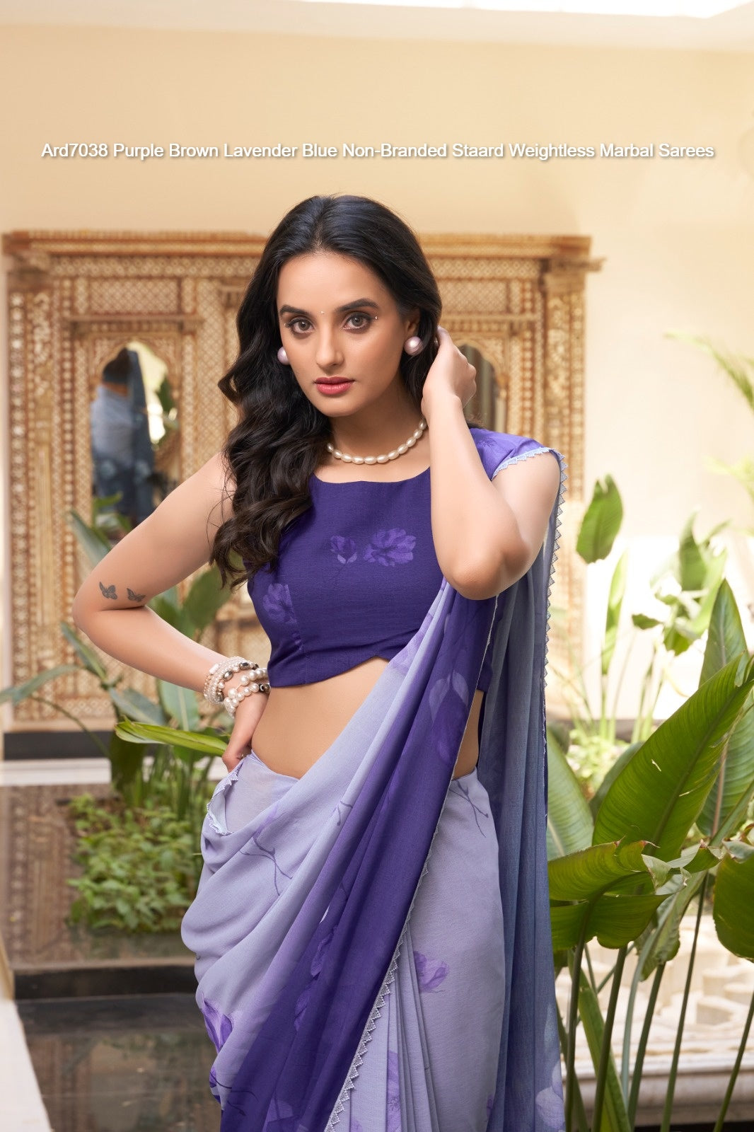 Ard7038 Purple Brown Lavender Blue Non-Branded Staard Weightless Marbal Sarees