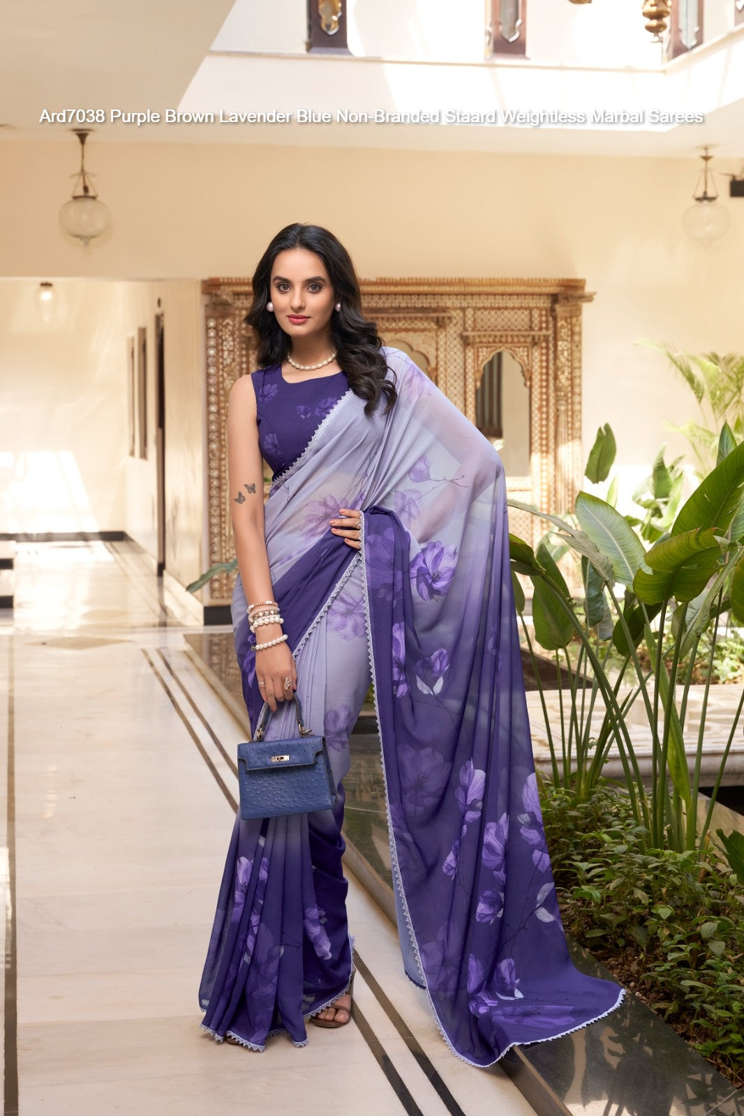 Ard7038 Purple Brown Lavender Blue Non-Branded Staard Weightless Marbal Sarees