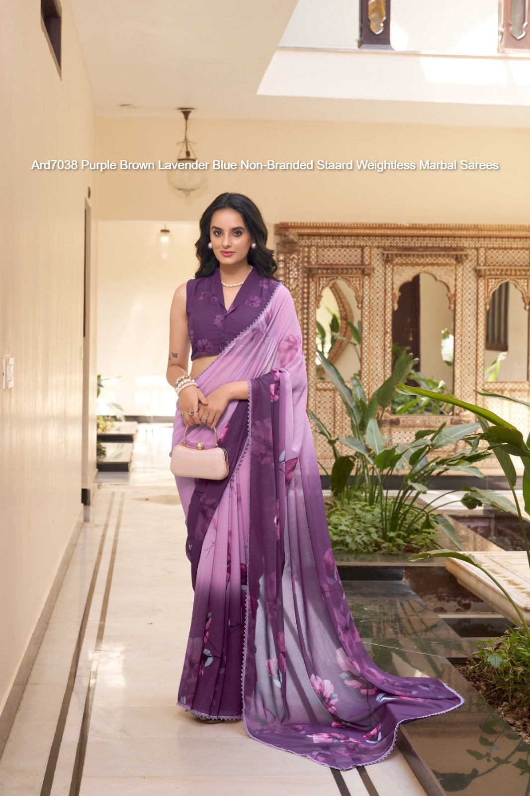 Ard7038 Purple Brown Lavender Blue Non-Branded Staard Weightless Marbal Sarees