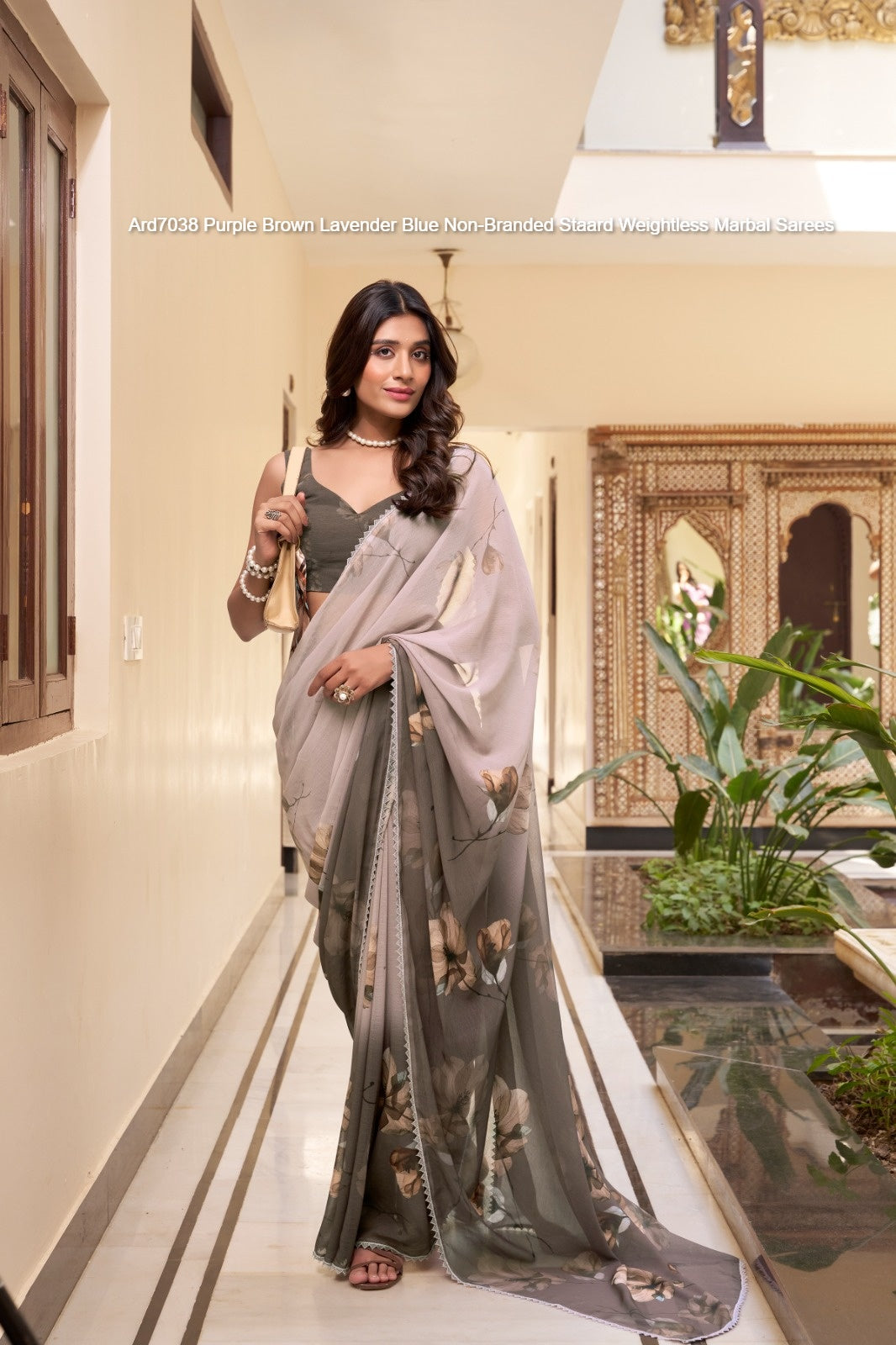 Ard7038 Purple Brown Lavender Blue Non-Branded Staard Weightless Marbal Sarees