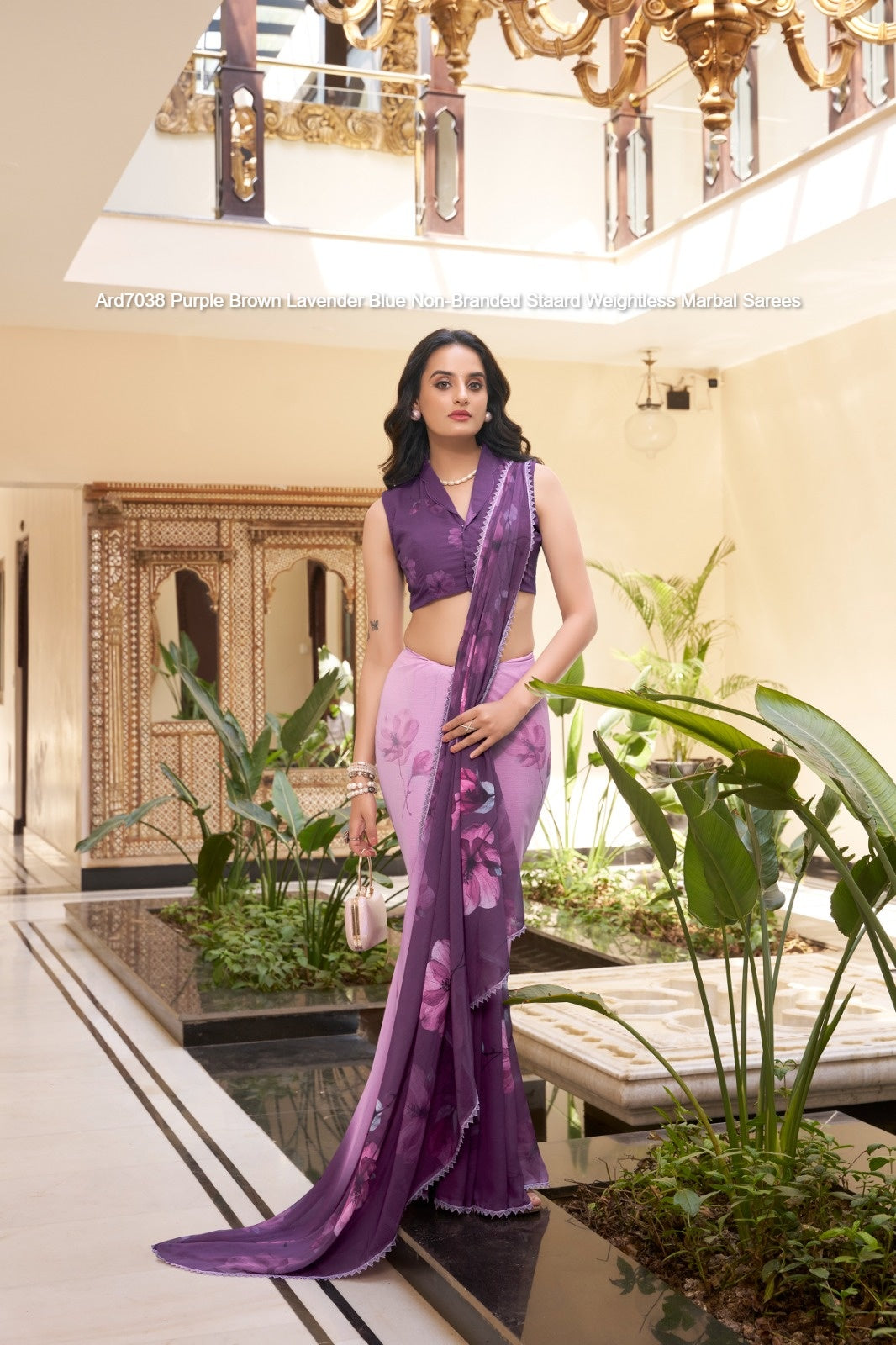 Ard7038 Purple Brown Lavender Blue Non-Branded Staard Weightless Marbal Sarees