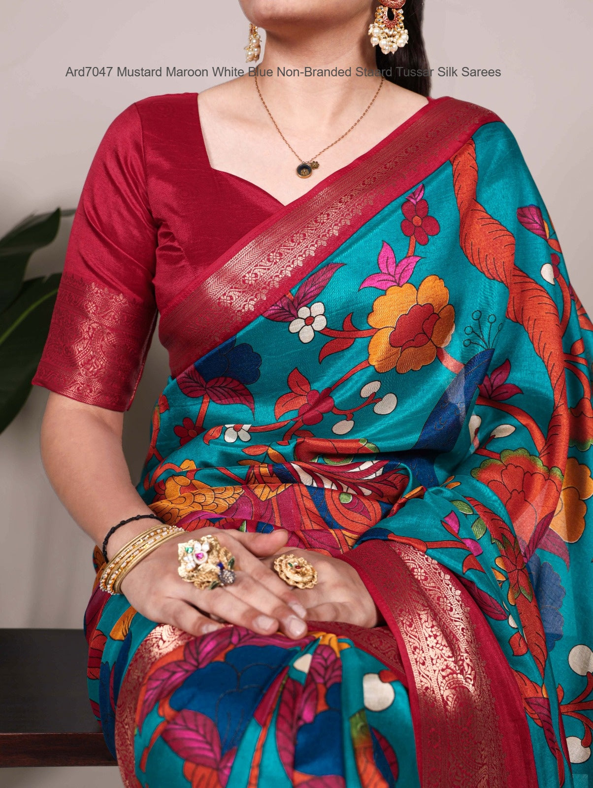 Ard7047 Mustard Maroon White Blue Non-Branded Staard Tussar Silk Sarees