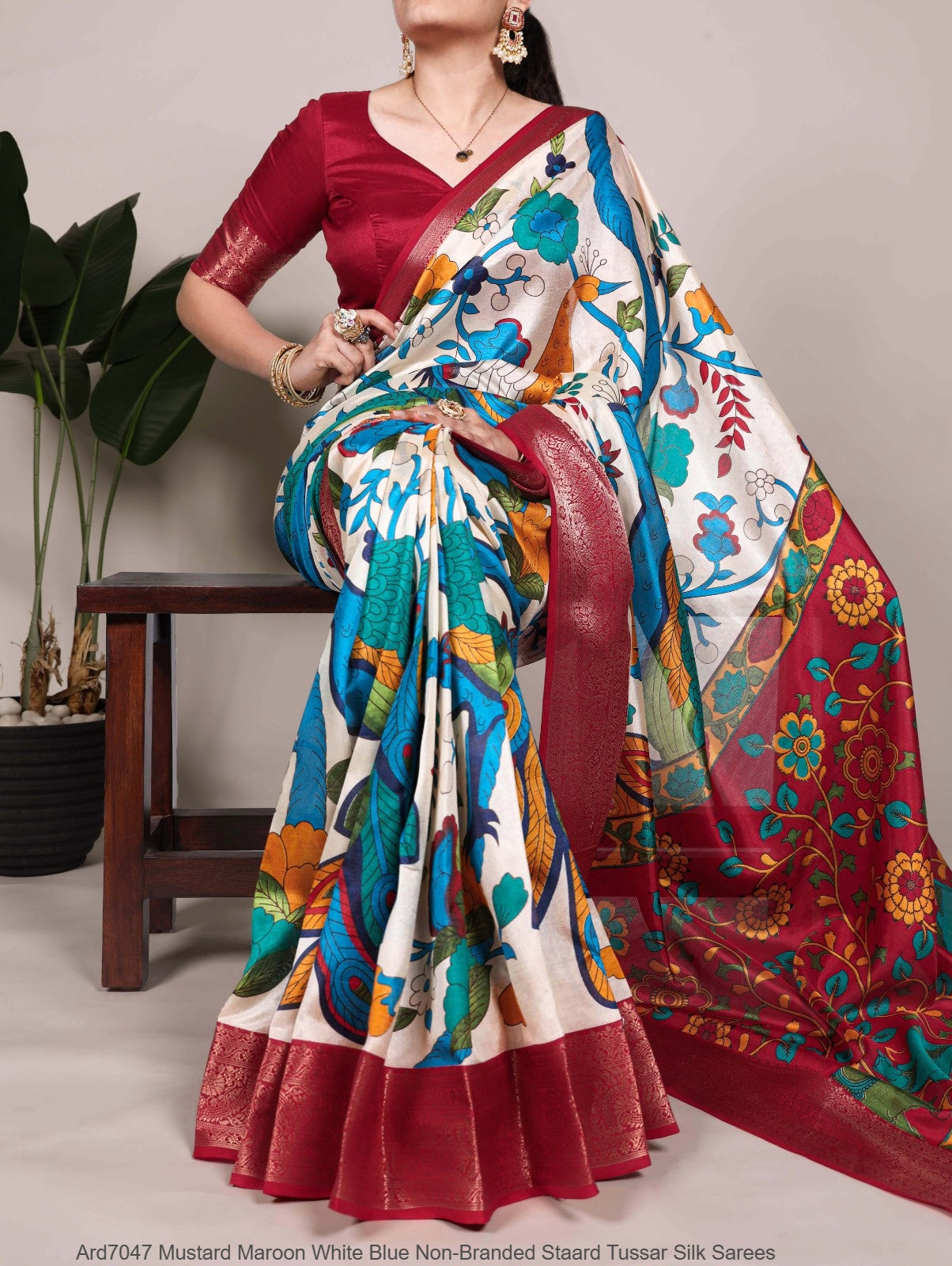 Ard7047 Mustard Maroon White Blue Non-Branded Staard Tussar Silk Sarees