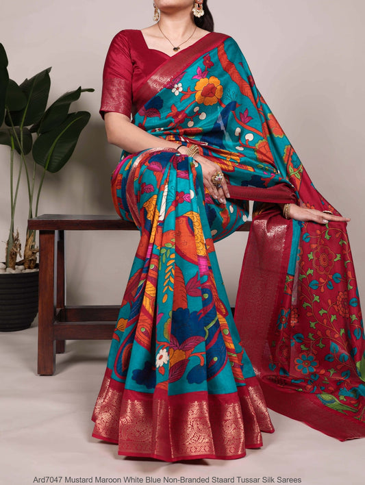 Ard7047 Mustard Maroon White Blue Non-Branded Staard Tussar Silk Sarees