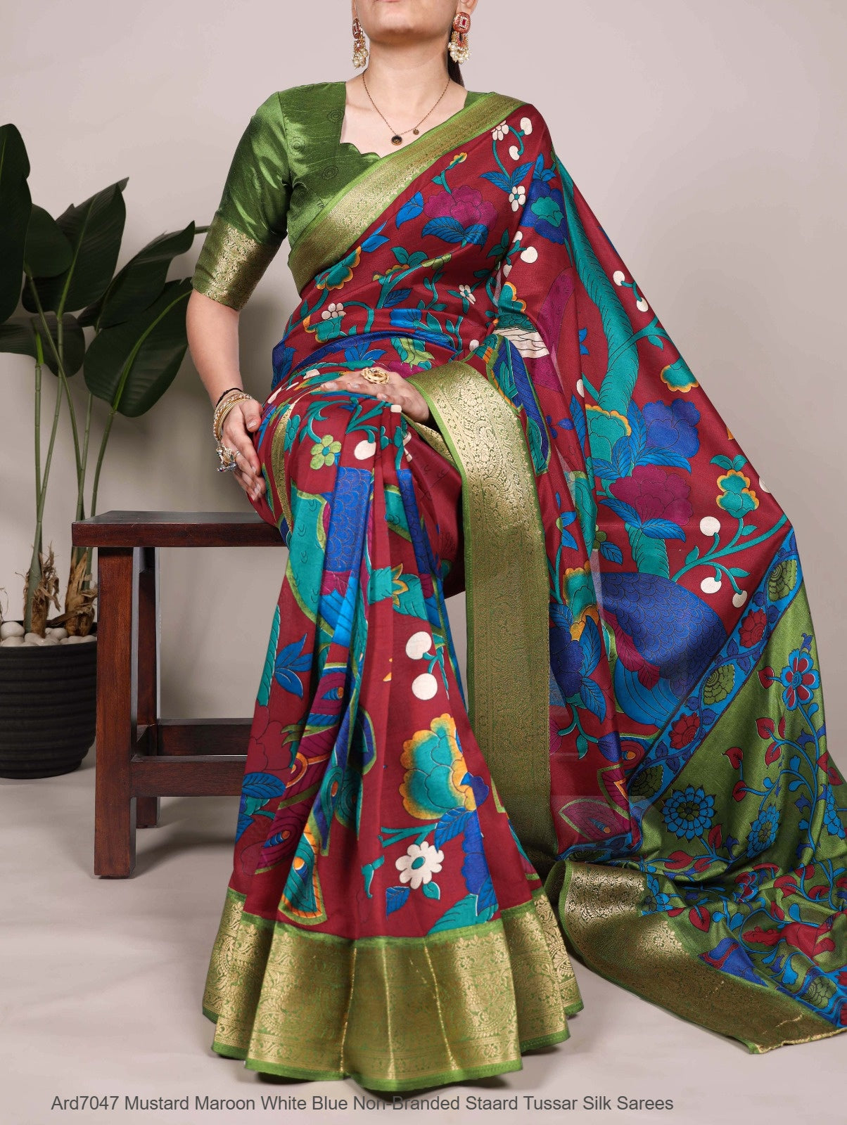 Ard7047 Mustard Maroon White Blue Non-Branded Staard Tussar Silk Sarees