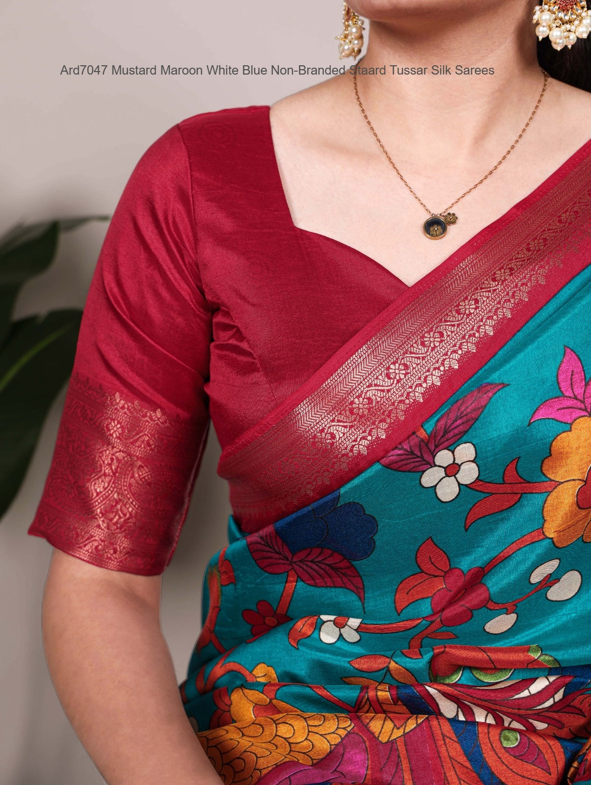 Ard7047 Mustard Maroon White Blue Non-Branded Staard Tussar Silk Sarees
