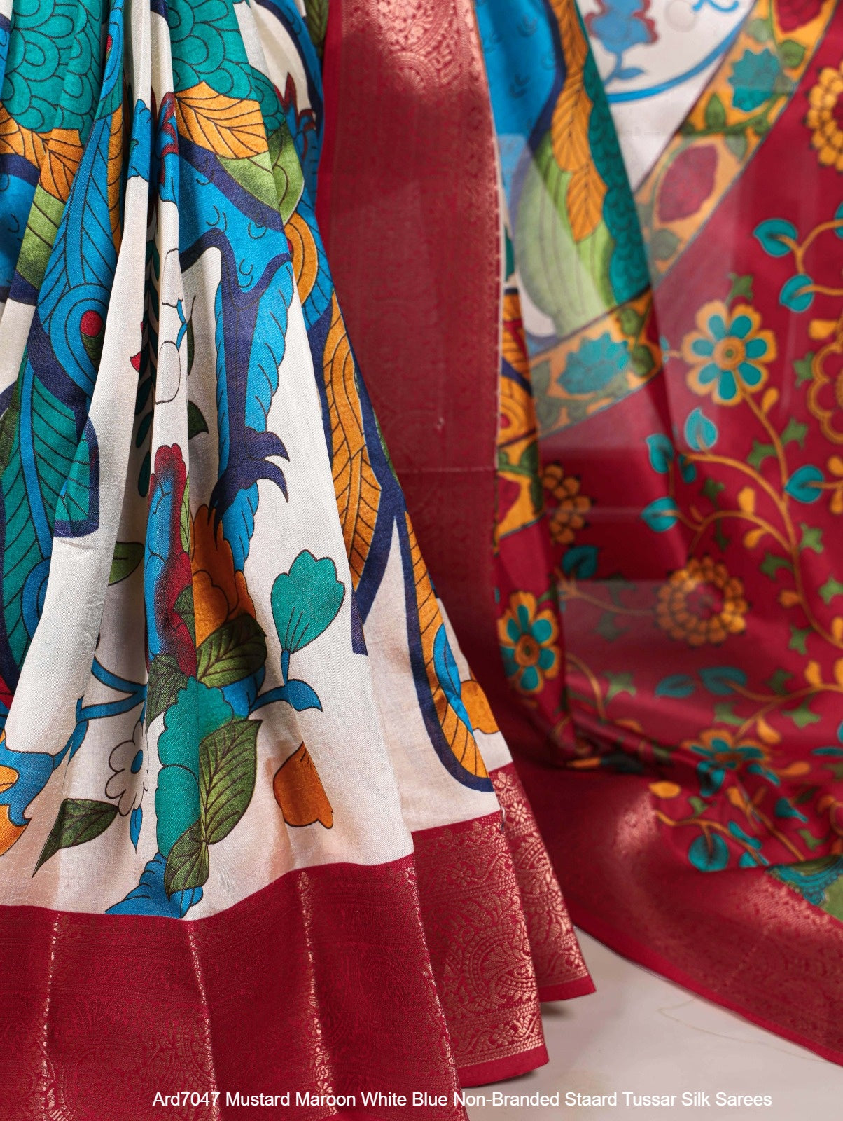 Ard7047 Mustard Maroon White Blue Non-Branded Staard Tussar Silk Sarees