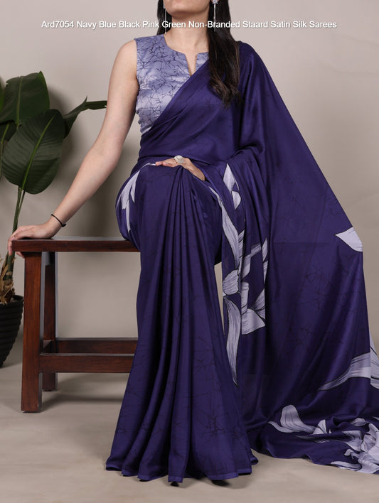 Ard7054 Navy Blue Black Pink Green Non-Branded Staard Satin Silk Sarees