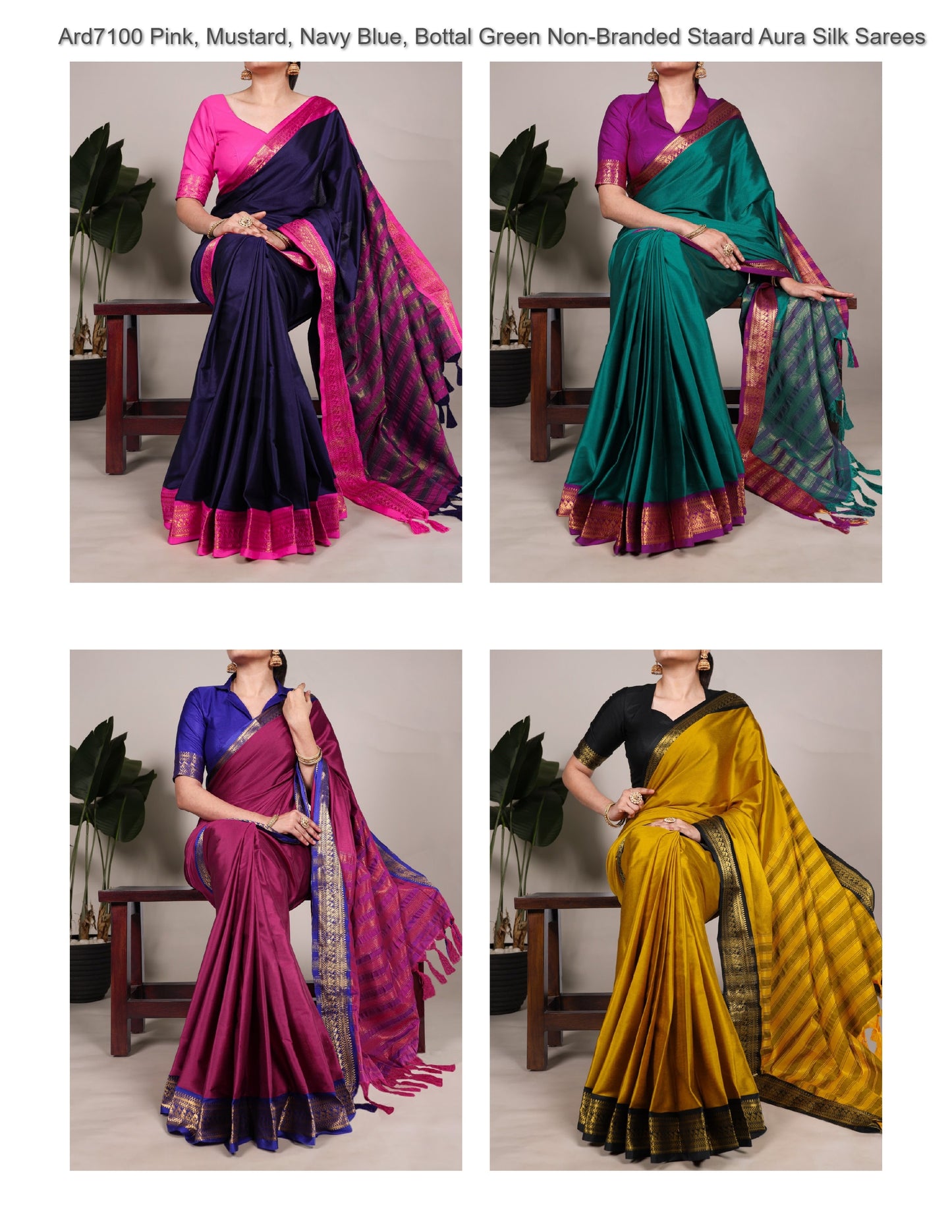 Ard7100 Pink, Mustard, Navy Blue, Bottal Green Non-Branded Staard Aura Silk Sarees