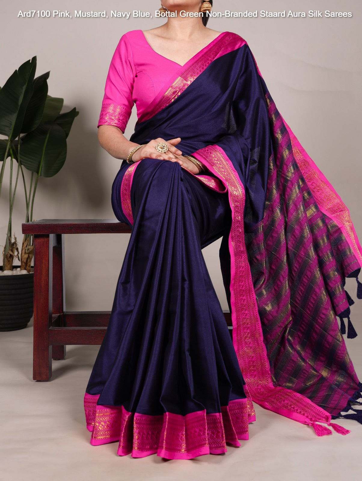 Ard7100 Pink, Mustard, Navy Blue, Bottal Green Non-Branded Staard Aura Silk Sarees