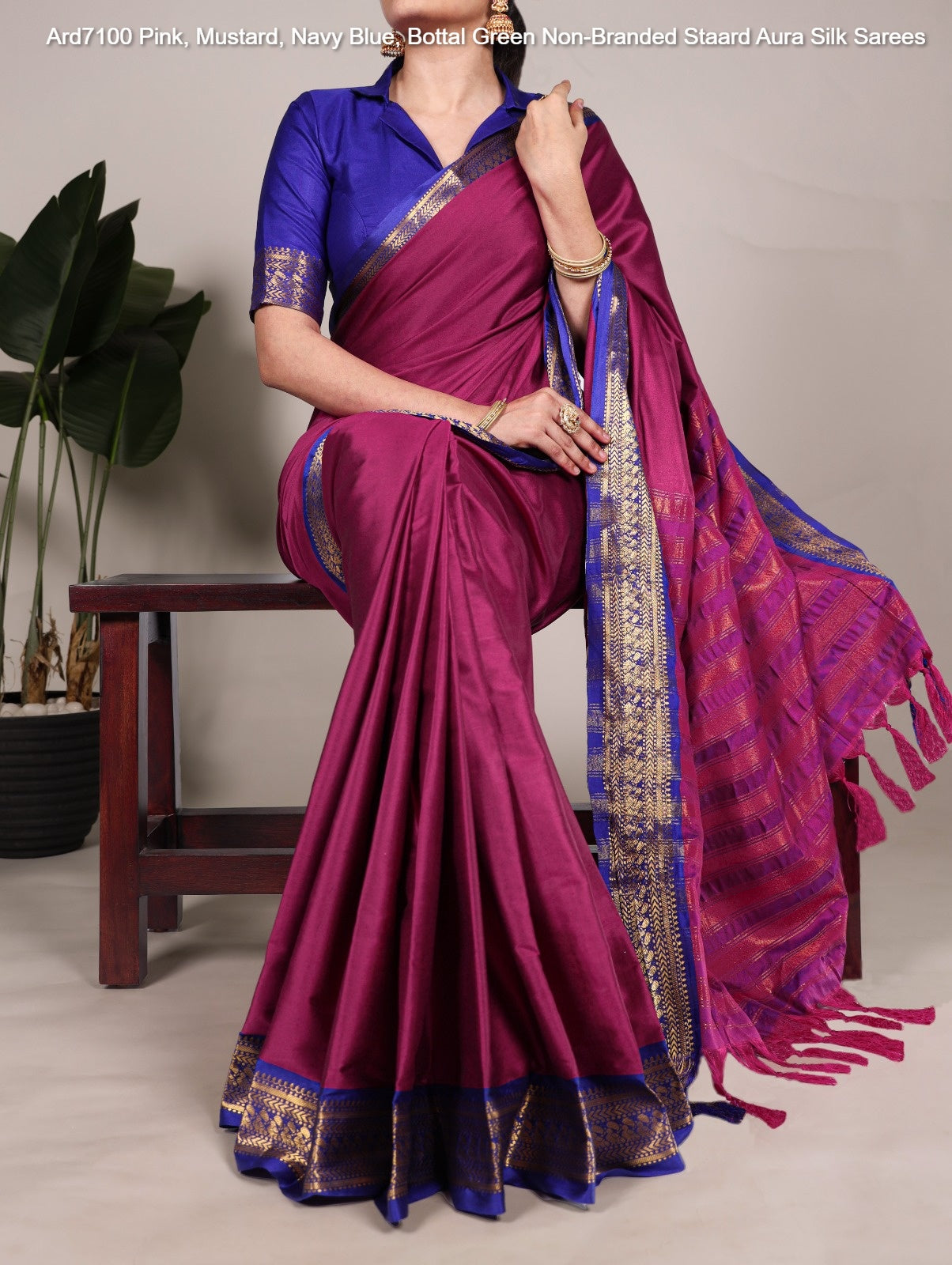 Ard7100 Pink, Mustard, Navy Blue, Bottal Green Non-Branded Staard Aura Silk Sarees