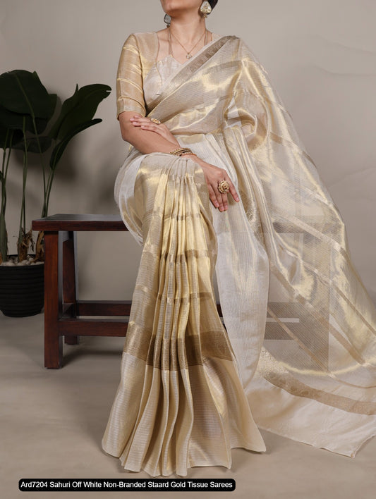Ard7204 Sahuri Off White Non-Branded Staard Gold Tissue Sarees
