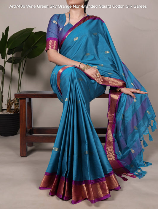 Ard7406 Wine Green Sky Orange Non-Branded Staard Cotton Silk Sarees