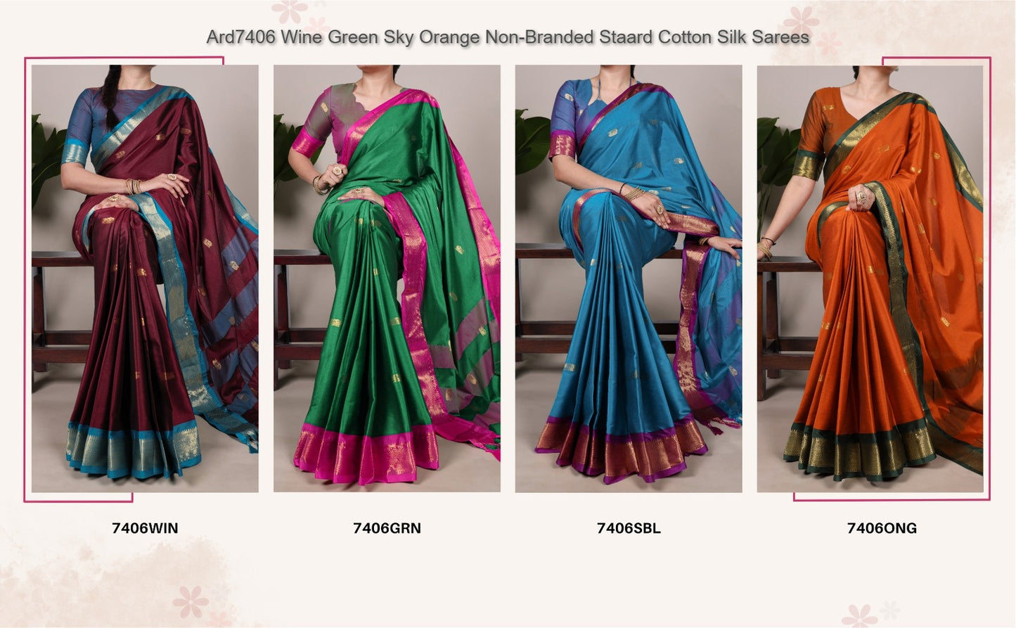 Ard7406 Wine Green Sky Orange Non-Branded Staard Cotton Silk Sarees