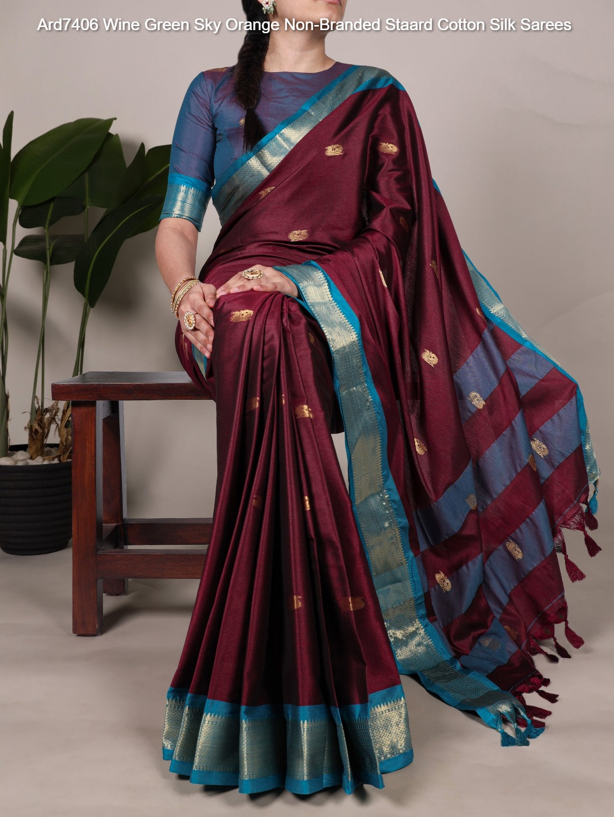 Ard7406 Wine Green Sky Orange Non-Branded Staard Cotton Silk Sarees