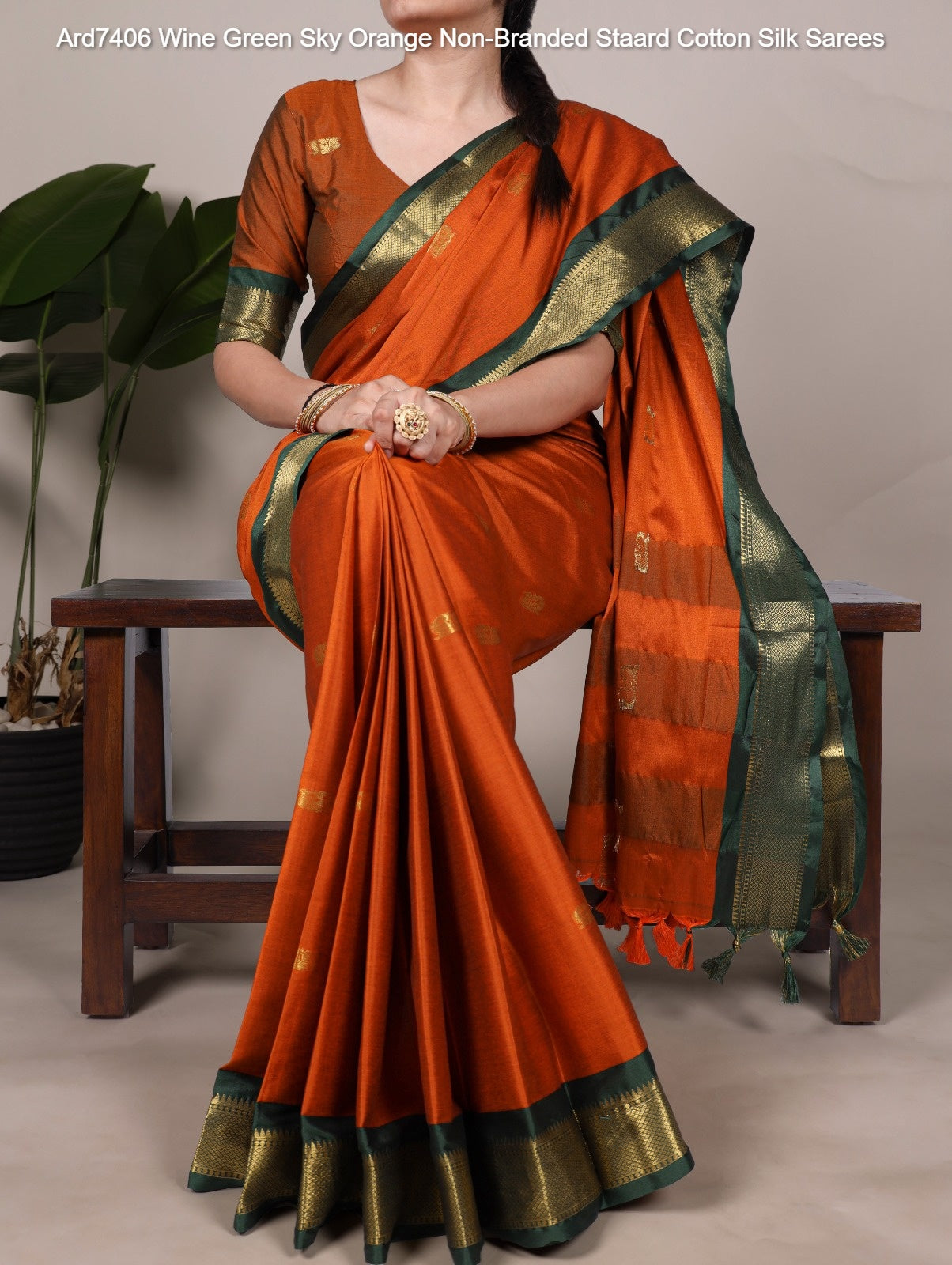 Ard7406 Wine Green Sky Orange Non-Branded Staard Cotton Silk Sarees