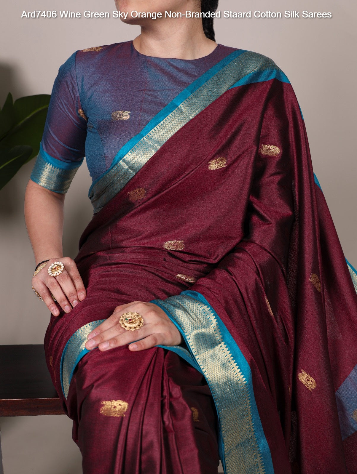 Ard7406 Wine Green Sky Orange Non-Branded Staard Cotton Silk Sarees