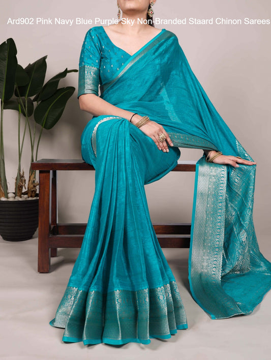 Ard902 Pink Navy Blue Purple Sky Non-Branded Staard Chinon Sarees