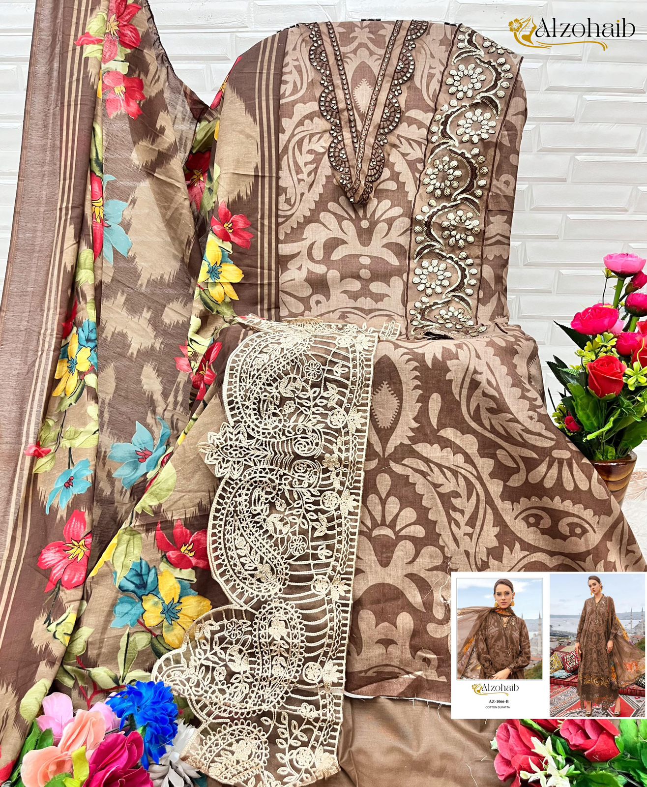 Az-1066C Al Zohaib Cotton Pakistani Patch Suits
