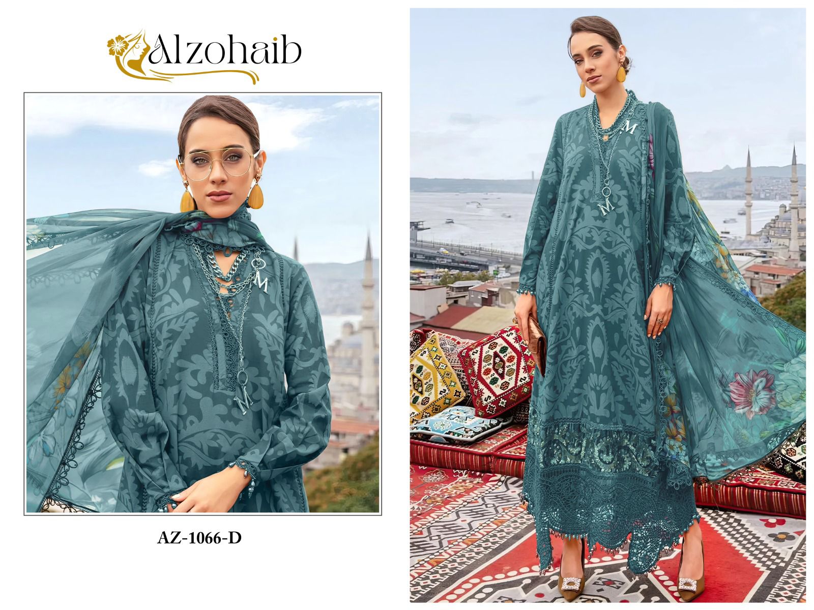 Az-1066D Al Zohaib Cotton Pakistani Patch Suits