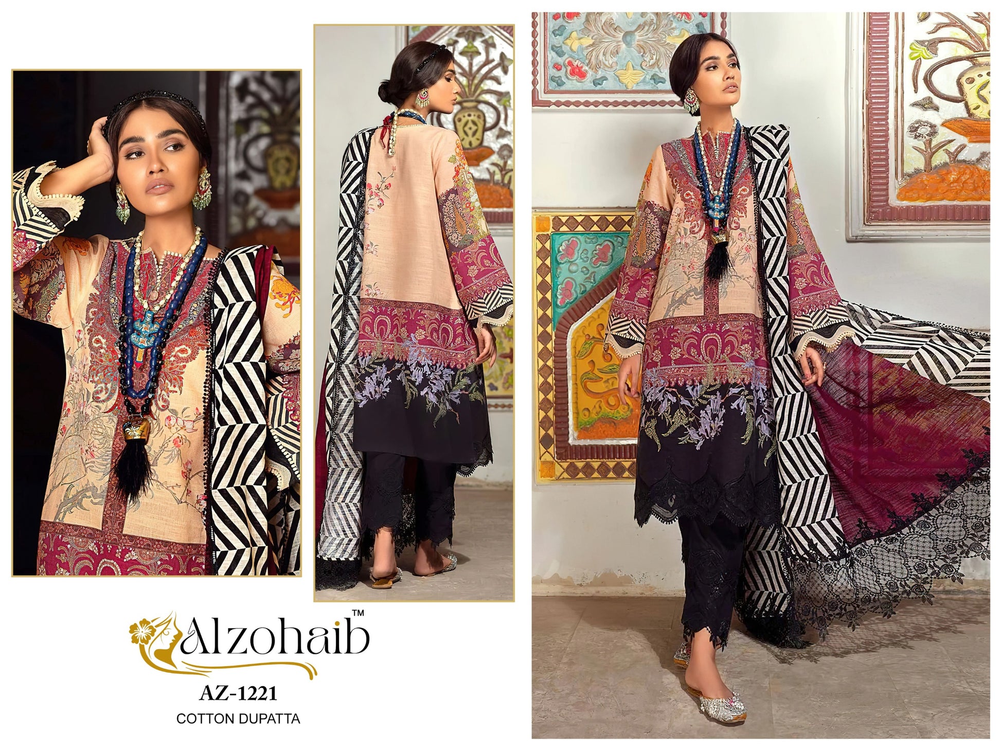 Az-1221 Al Zohaib Pure Cotton Pakistani Patch Suits