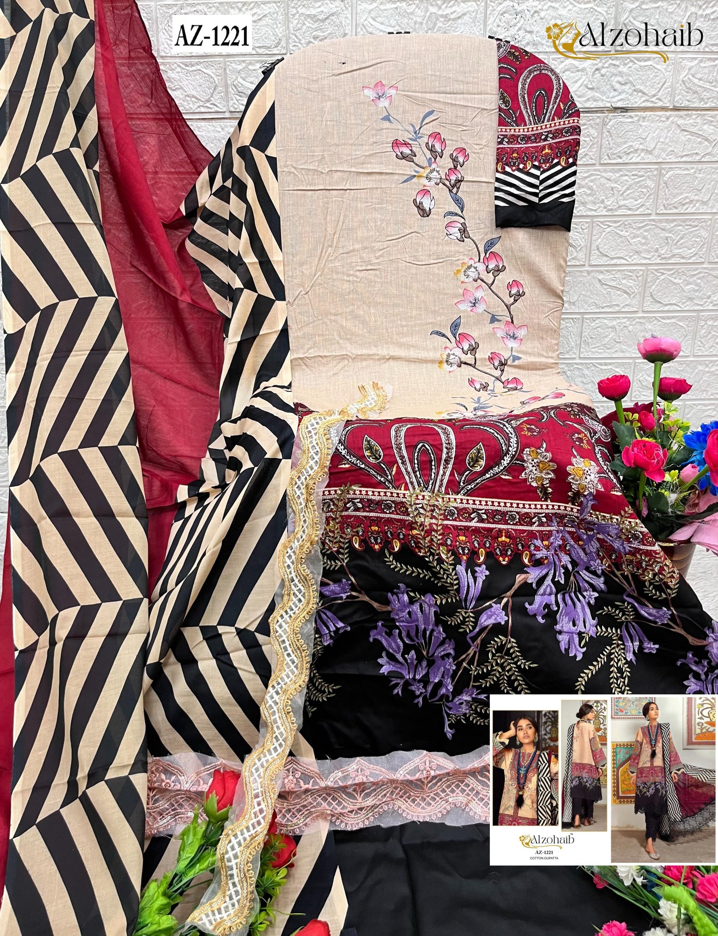 Az-1221 Al Zohaib Pure Cotton Pakistani Patch Suits