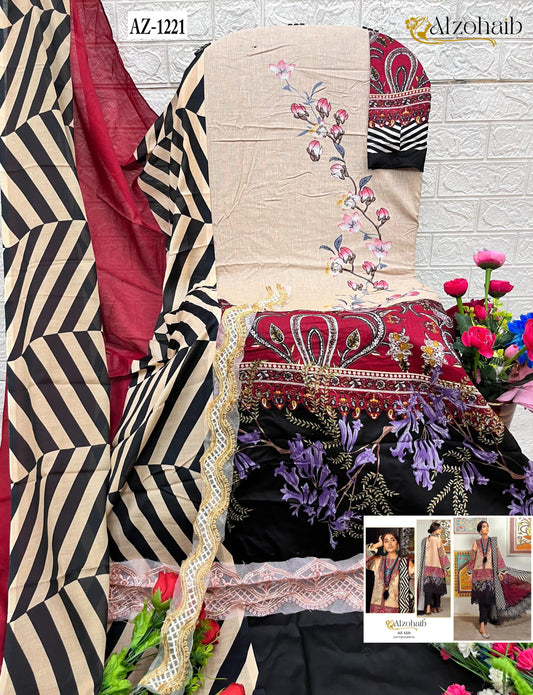 Az-1221 Al Zohaib Pure Cotton Pakistani Patch Suits