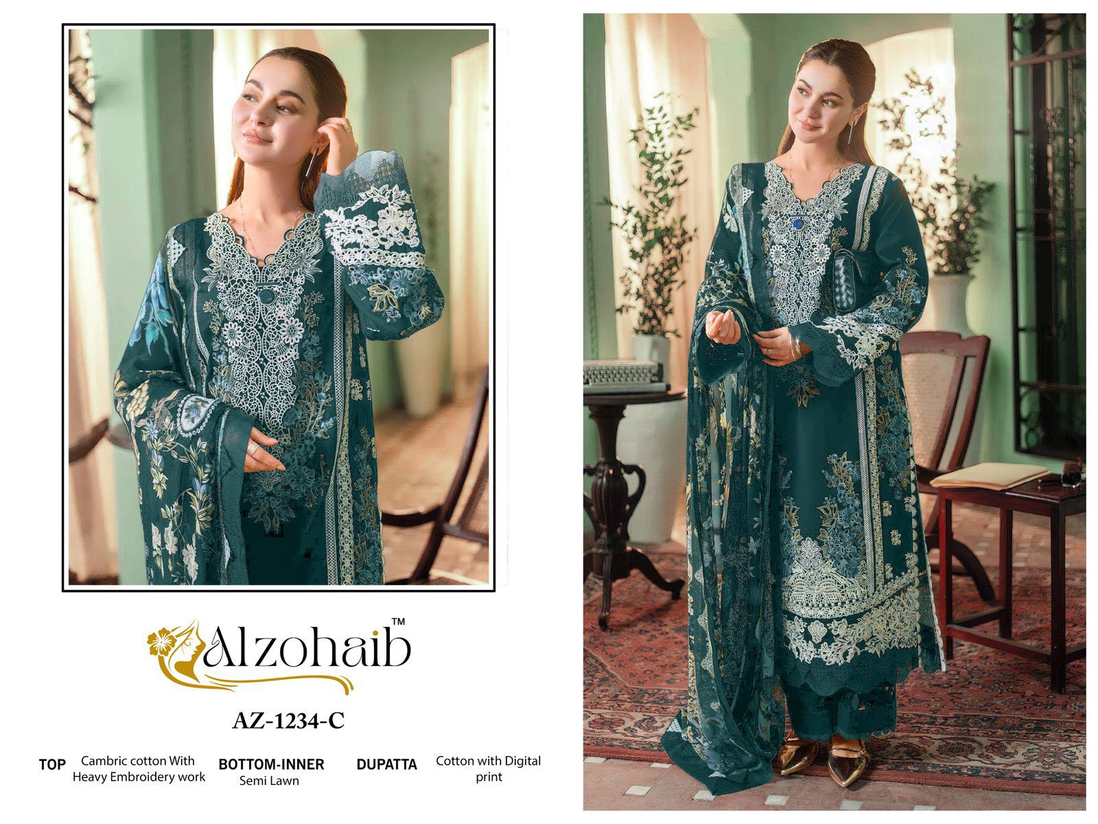 Az-1234-C Zahra Vol 1 Al Zohaib Cambric Cotton Pakistani Salwar Suits