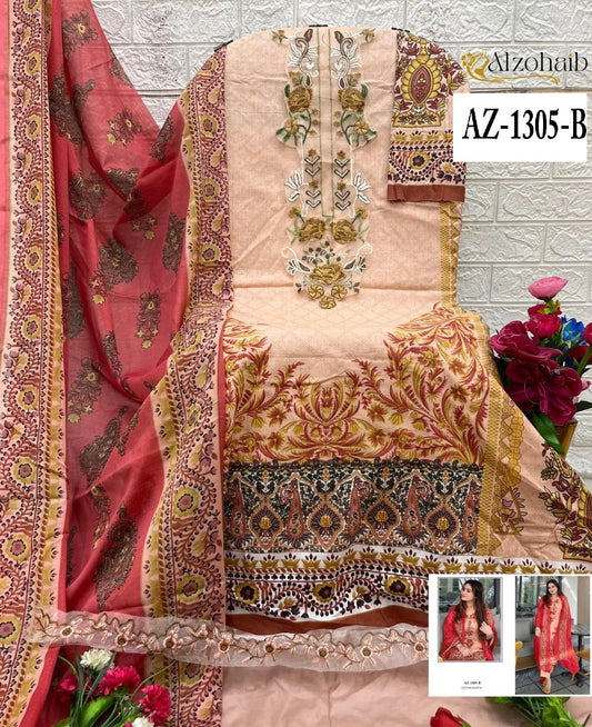 Az-1305-B Al Zohaib Cotton Pakistani Patch Suits