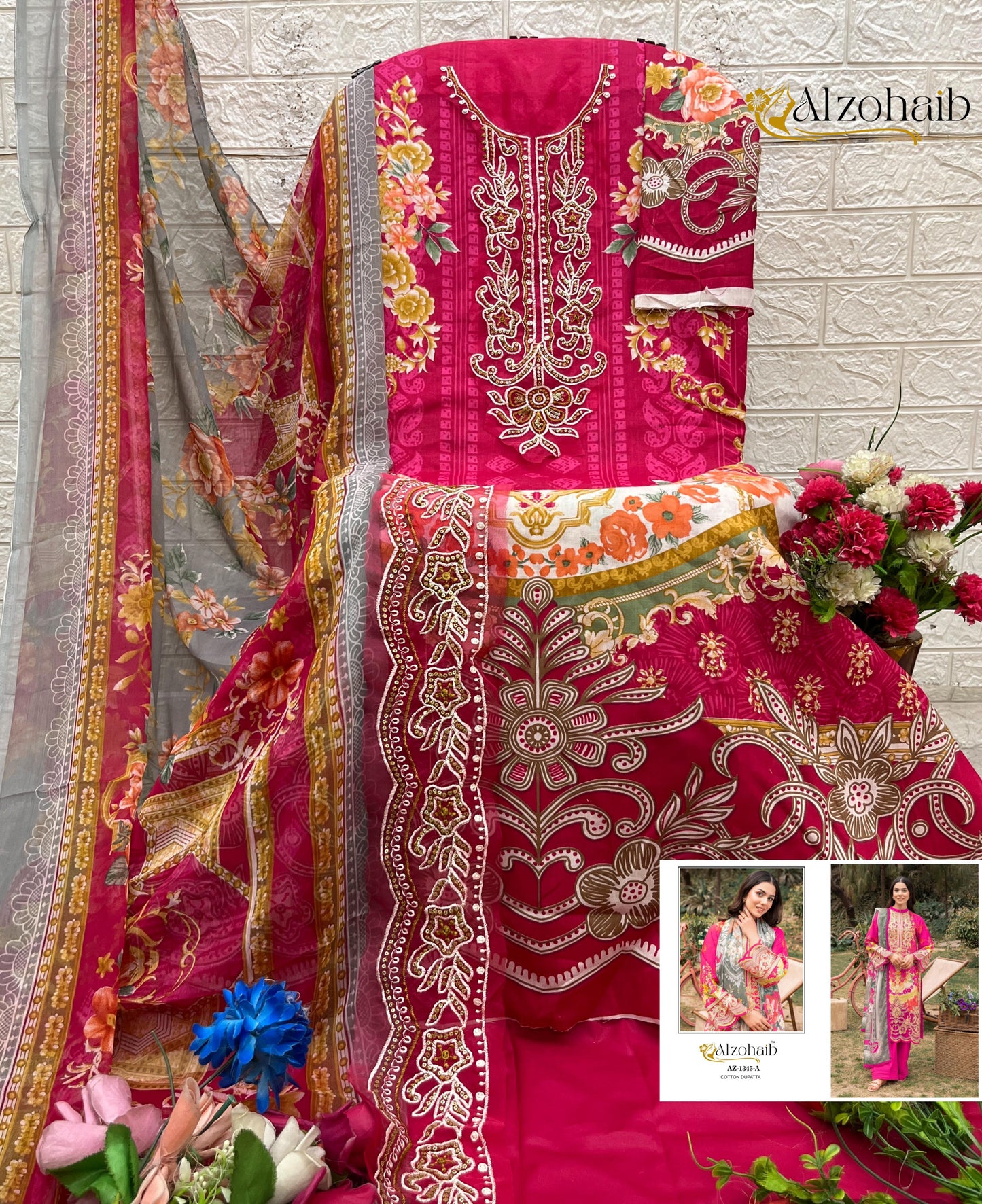 Az-1345-A Iffat Al Zohaib Pure Cotton Pakistani Patch Suits