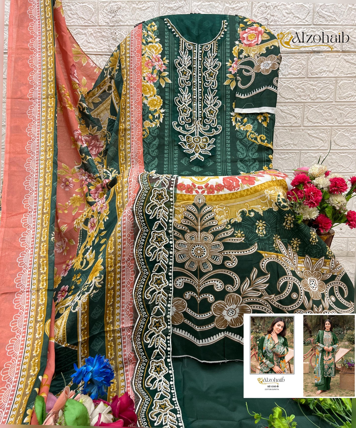 Az-1345-B Iffat Al Zohaib Pure Cotton Pakistani Patch Suits