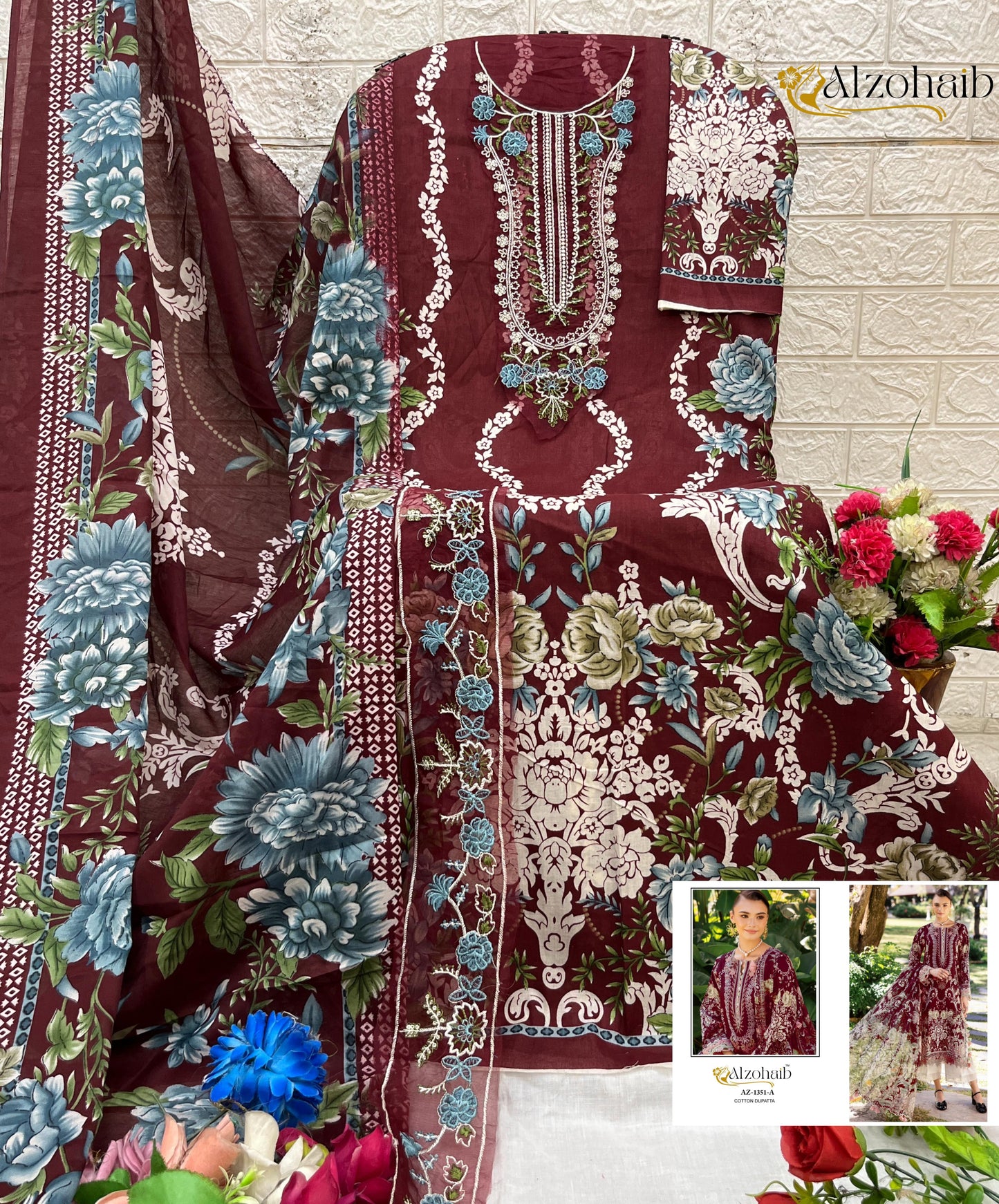 Az-1351-A Humaira Al Zohaib Pure Cotton Pakistani Patch Suits