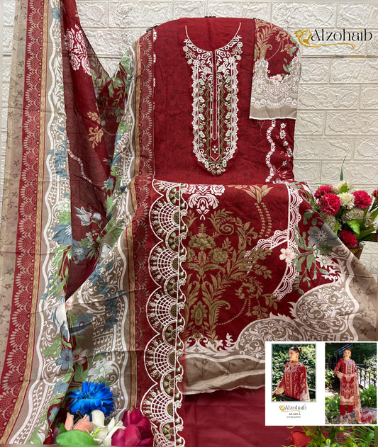 Az-1351-C Humaira Al Zohaib Pure Cotton Pakistani Patch Suits