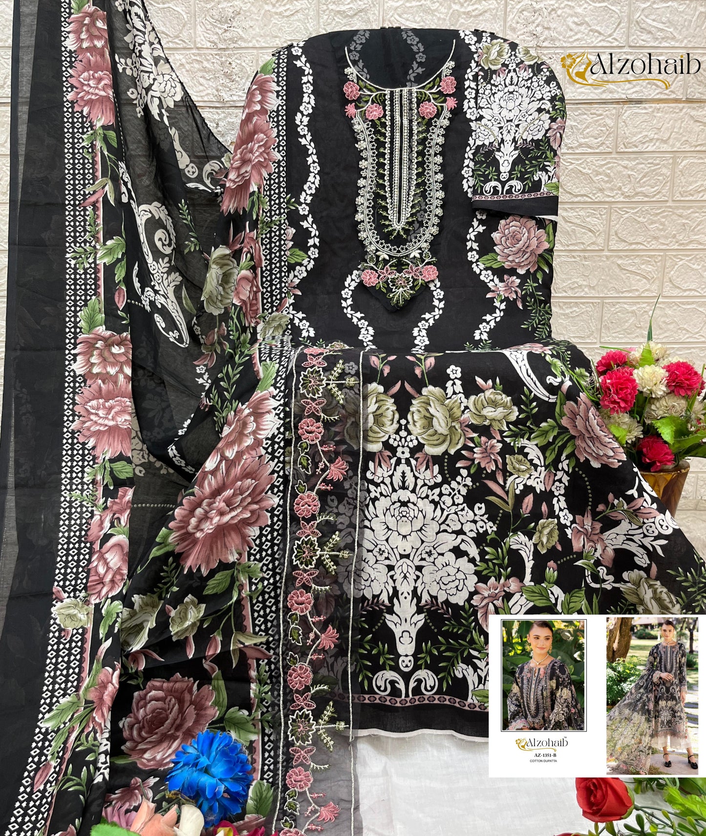 Az-1351-D Humaira Al Zohaib Pure Cotton Pakistani Patch Suits