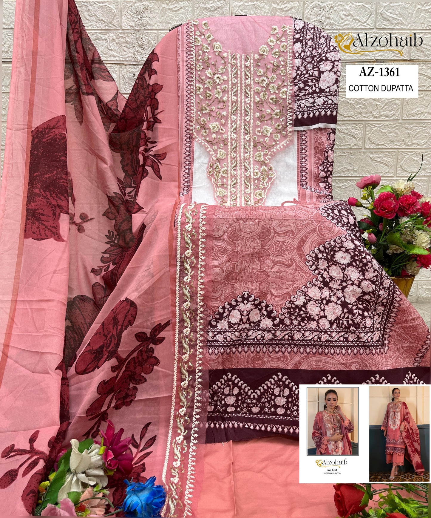 Az-1361 Al Zohaib Pure Cotton Pakistani Patch Suits