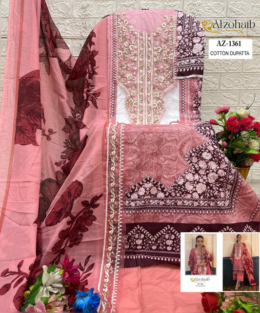 Az-1361 Al Zohaib Pure Cotton Pakistani Patch Suits