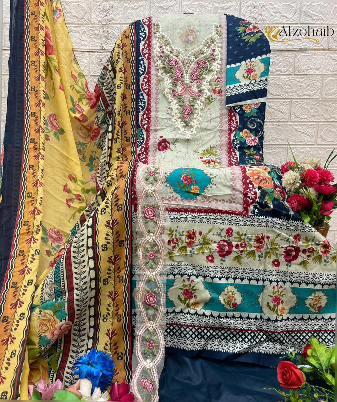 Az-1365-B Iffat Al Zohaib Pure Cotton Pakistani Patch Suits