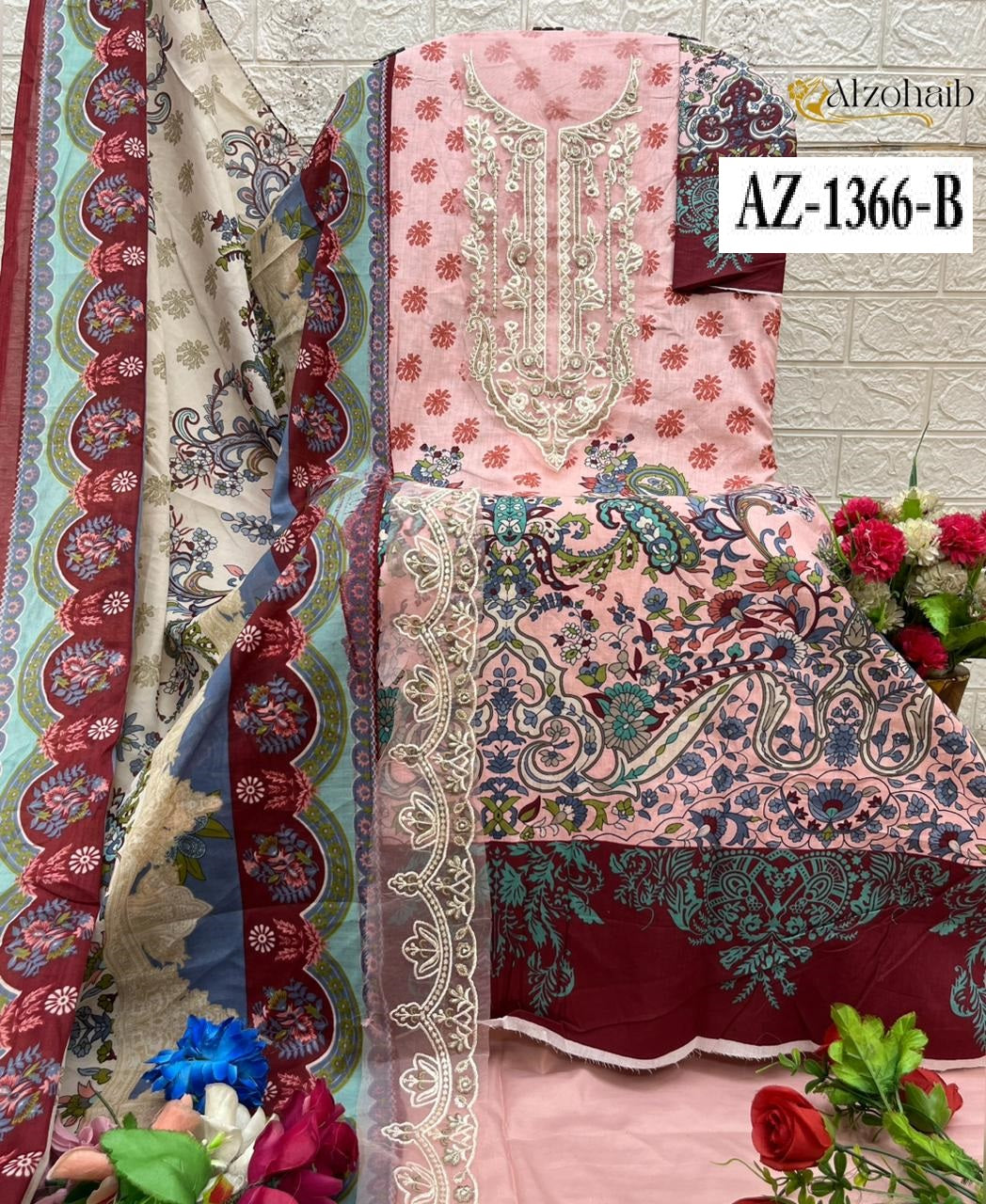 Az-1366-B Aarifa Al Zohaib Pure Cotton Pakistani Patch Suits