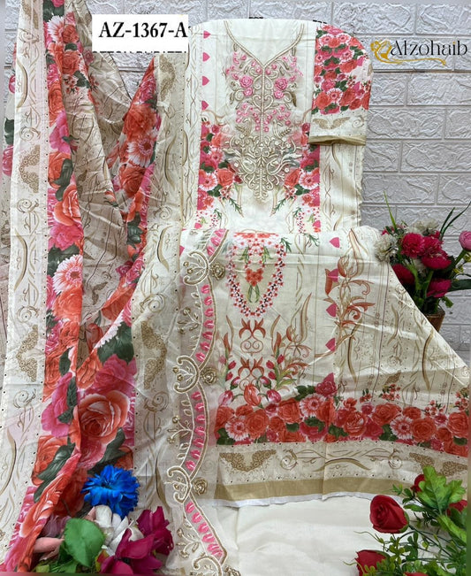 Az-1367-A Aarifa Al Zohaib Pure Cotton Pakistani Patch Suits