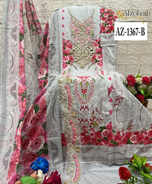 Az-1367-B Aarifa Al Zohaib Pure Cotton Pakistani Patch Suits