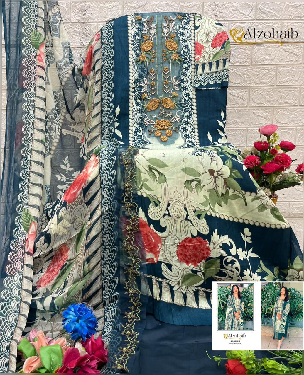 Az-1369-B Al Zohaib Pure Cotton Pakistani Patch Suits