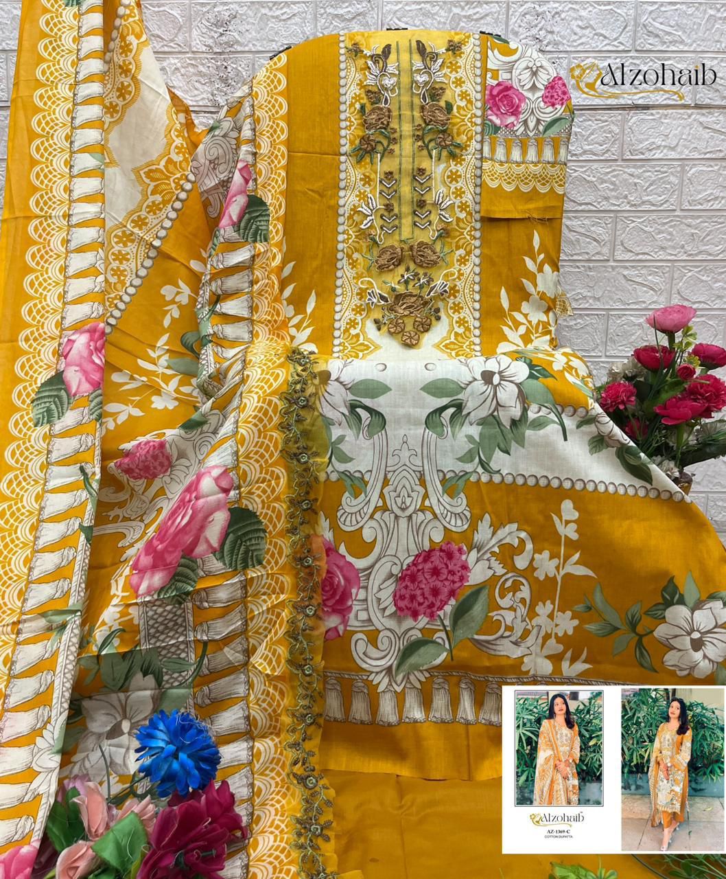 Az-1369-C Al Zohaib Pure Cotton Pakistani Patch Suits