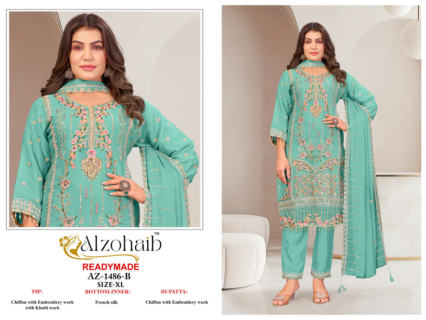 Az-1486-B Al Zohaib Pure Chiffon Pakistani Readymade Suits