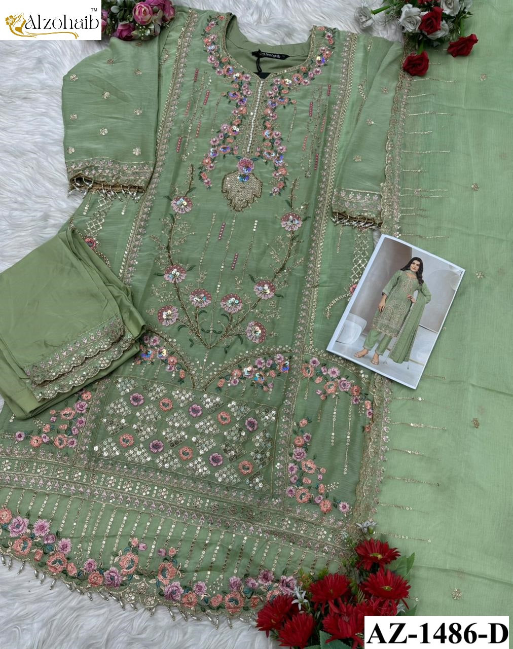 Az-1486-D Al Zohaib Pure Chiffon Pakistani Readymade Suits