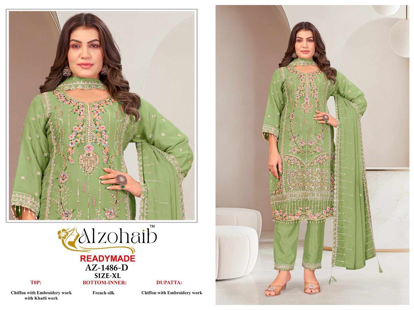Az-1486-D Al Zohaib Pure Chiffon Pakistani Readymade Suits