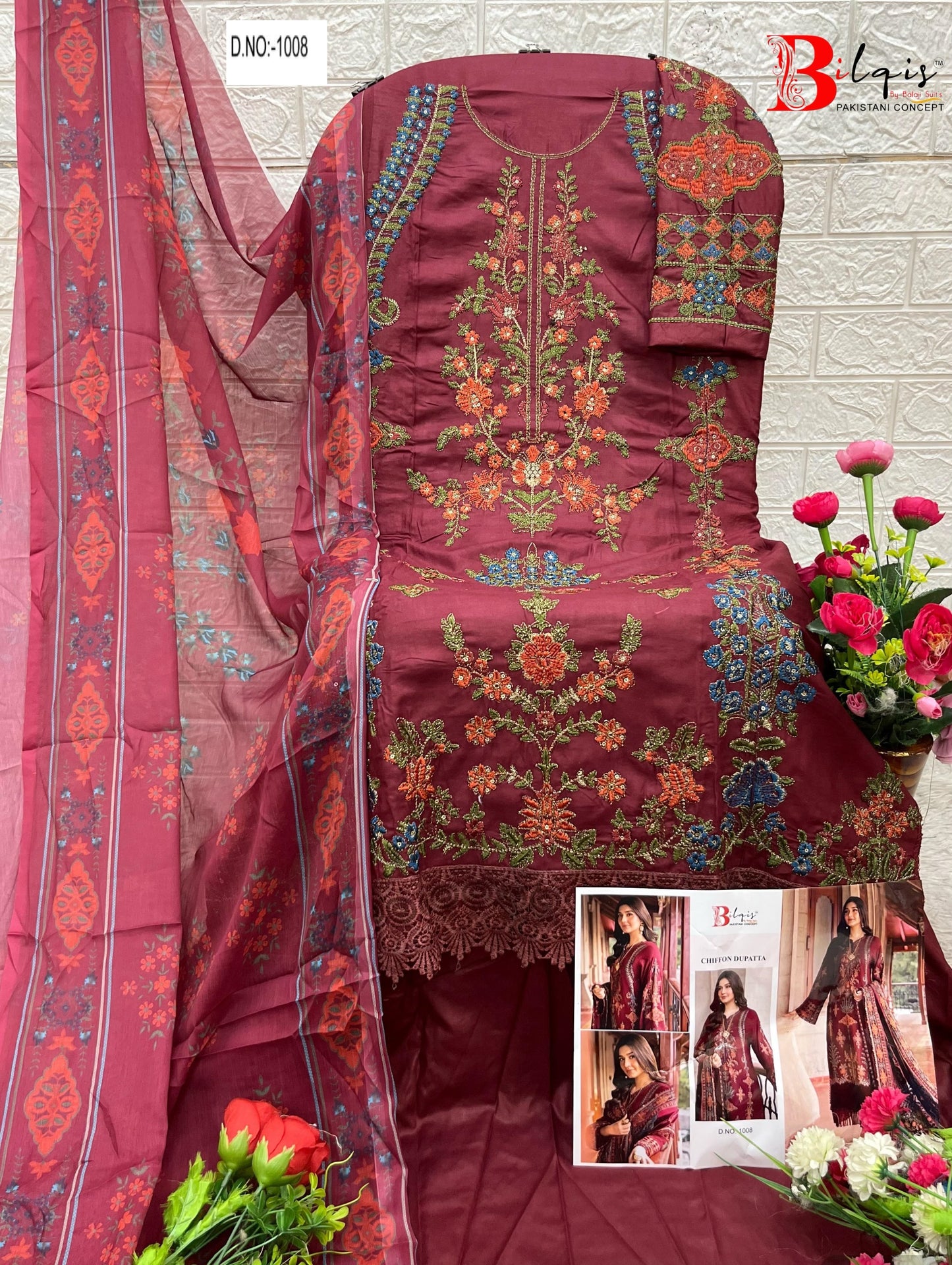 B-1008 Maroon Bilqis Embroidery Pakistani Salwar Suits