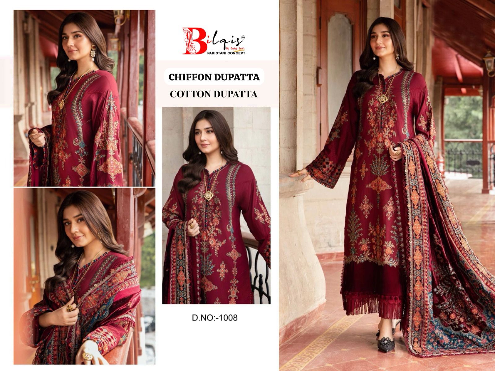 B-1008 Maroon Bilqis Embroidery Pakistani Salwar Suits
