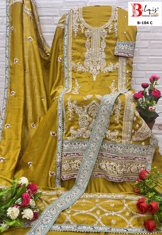 B-104 C Yellow Bilqis Embroidery Pakistani Salwar Suits